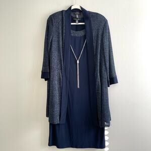 R&M Richards Size 16 Navy Blue Dress & Shimmer Cardigan Set Necklace Long Sleeve